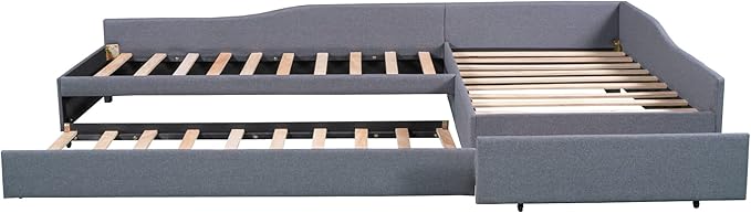 Bellemave L-Shape Platform Bed Twin Size Upholstered Daybed with Trundle and Storage Drawer Linen Corner Day Bed Frame for 3 Kids Boys Girls Teens, Gray