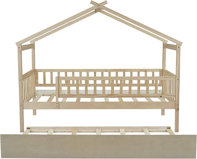 Merax Twin Size Wooden House Bed with Twin Size Trundle, Wood Bed Frame with Roof and Safety Guardrail for Kids, Teens, Boys or Girls, Natural