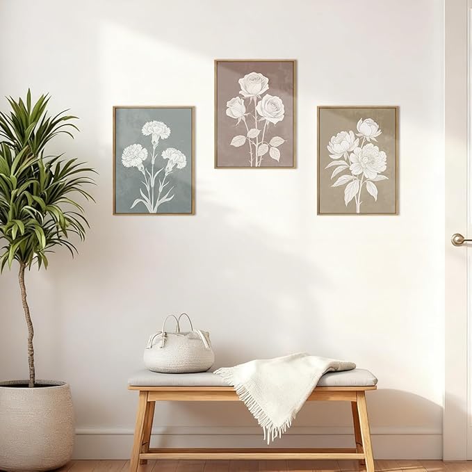 BINCUE Neutral Floral Canvas Wall Art Framed Boho Flower Painting Print 12" Lx16 W 3 Piece