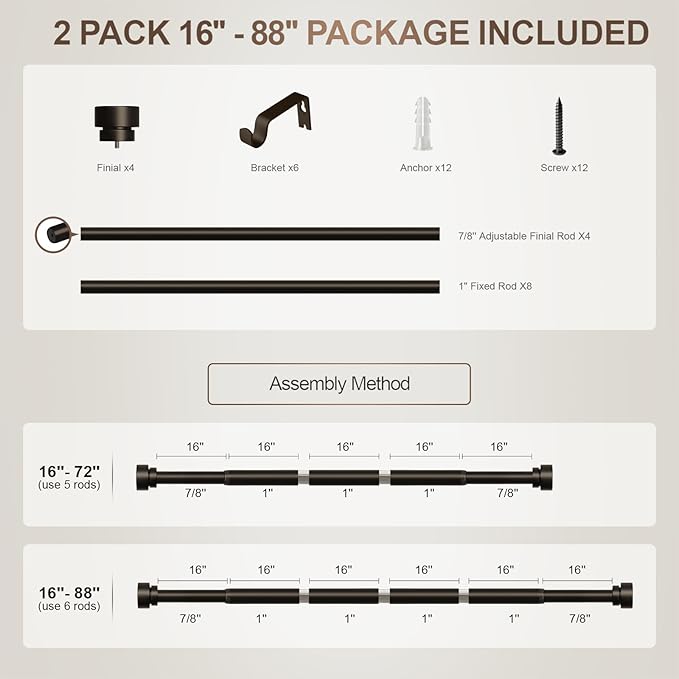 2 Pack Modern Brown Curtain Rods Set for Windows 48 to 84 Inches Adjustable Length Heavy Duty 1" Diameter Window Curtain Rod with Decorative Finials for Outdoor Bedroom Kitchen Living Room