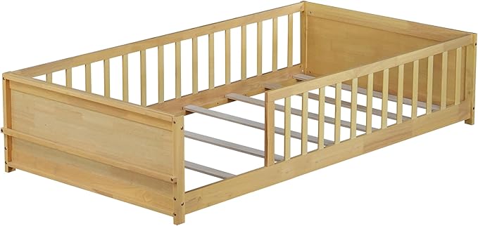 Twin Size Kids Montessori Floor Bed,Twin Floor Bed Frame with Slats and Bookcase,Solid Wood Montessori Bed for Girls Boys,Natural