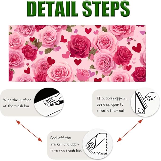 Rose Heart PVC Wallpaper Sticker 39.37x15.75 Inch Pink Flower Pattern Self Adhesive Decorative Wall Decal for Bedroom Living Room Valentine Home Decor