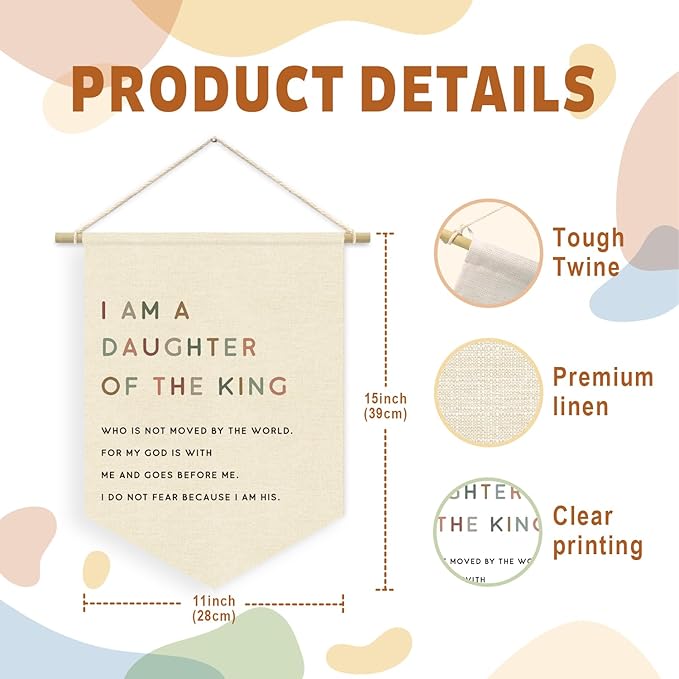 Girl Nursery Decor, I am a Daughter of the King Girl Nursery Banner, Christian Religious Bible Verse Wall Hanging Pennant Flag for Girls Bedroom Playroom
