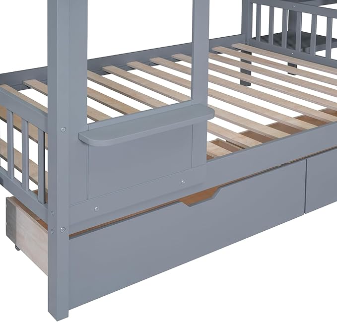 MERITLINE Full Over Full Castle Bunk Bed with Slide,Stairs and Drawers,Solid Wood Floor House Princess Bunk Bed with Storage Shelves (Grey,Full Over Full)