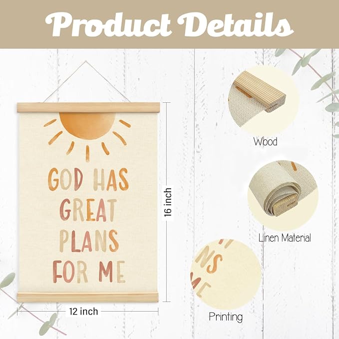 PLKMN Christian Nursery Wall Decor, God Has Great Plans for Me Wall Art with Wooden Poster Hanger, Boho Sun Christian Wall Decor for Nursery Kids Room Sunday School Preschool Classroom, 12x16 Inch