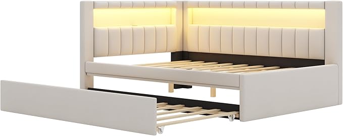 Full Size Daybed with Trundle and L-Shaped Bookshelf Headboard, Linen Upholstered Soft Corner Bed with Storage Shelves, Charging Station and LED Belt for Kids Boys Girls, White