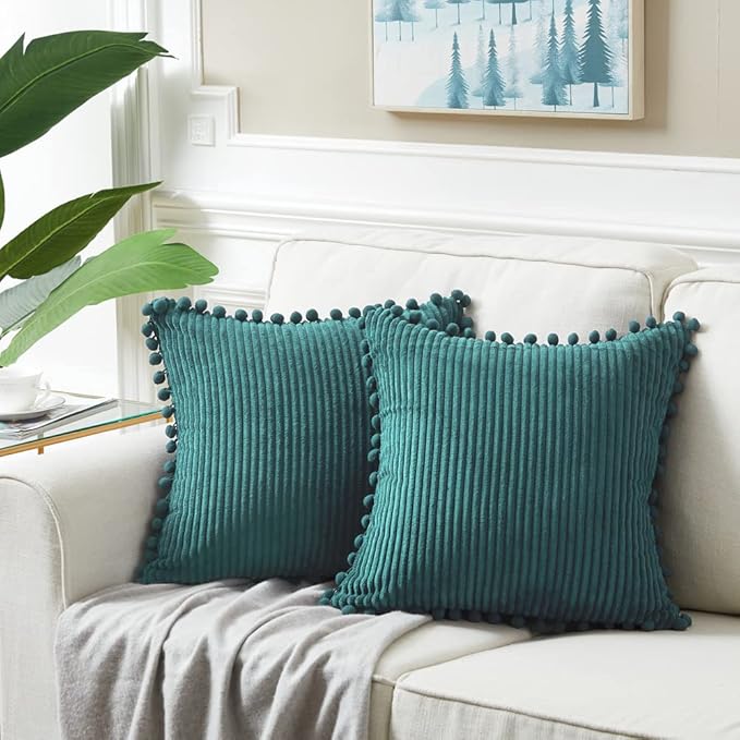 Fancy Homi 2 Packs Teal Decorative Throw Pillow Covers 20x20 Inch with Pom-poms for Living Room Couch Bedroom, Soft Corduroy Solid Square Cushion Case 50x50 cm, Rustic Farmhouse Home Decor