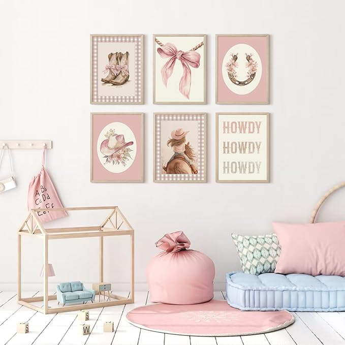 Western Cowgirl Nursery Wall Art Decor Vintage Girl Room Canvas Poster Pink Coquette Nursery Art Prints Preppy Aesthetic Pictures Bow Floral Boots Artwork for Girls Bedroom 8x10 Inch Framed 6Pcs