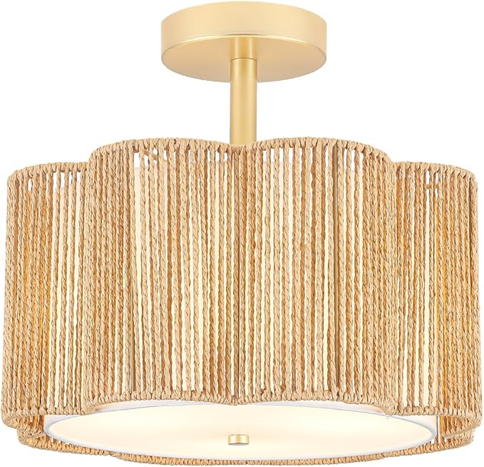 Rattan Semi Flush Mount Ceiling Light, 3-Light Boho Ceiling Lights, Modern Hand-Woven Rattan Boho Light Fixture for Bedroom Living Room Kitchen Hallway and Entryway (Yellow)