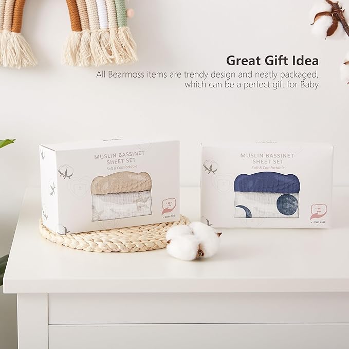 Bearmoss Bassinet Sheets - 2 Pack Muslin Cotton Bassinet Sheets Fits Oval and Rectangle Bassinet Mattress, Breathable and Skin-Friendly for Baby Boy and Girl (Pale Grey&Sand Beige)