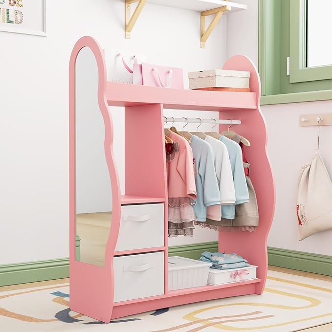 Kids Dress Up Storage Rack Mirror Wood Child Wardrobe 2 Hooks 2 Fabric Bins Toddler Closet Girls Boys Open Hanging Armoire Storage Shelf Coat Costume Hat Shoe (Pink/Cloud/Two Drawers)