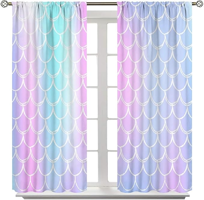 Fantasy Mermaid Curtain Rainbow Mermaid Scales Purple Pink Blue Ocean Theme Dream Blackout Window Treatment for Kids Boys Girls Bedroom Nursery Room Decor Rod Pocket Window Drapes 42x54in