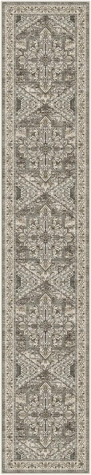 WITSHOCK 3x16 Extra Long Runner Rug for Hallway: Washable Boho Low Pile Stain Resistant Foldable Floor Carpet for Bedroom Entryway Bathroom Kitchen, Distressed Farmhouse Rug, Brown/Lvory, 36″x192″
