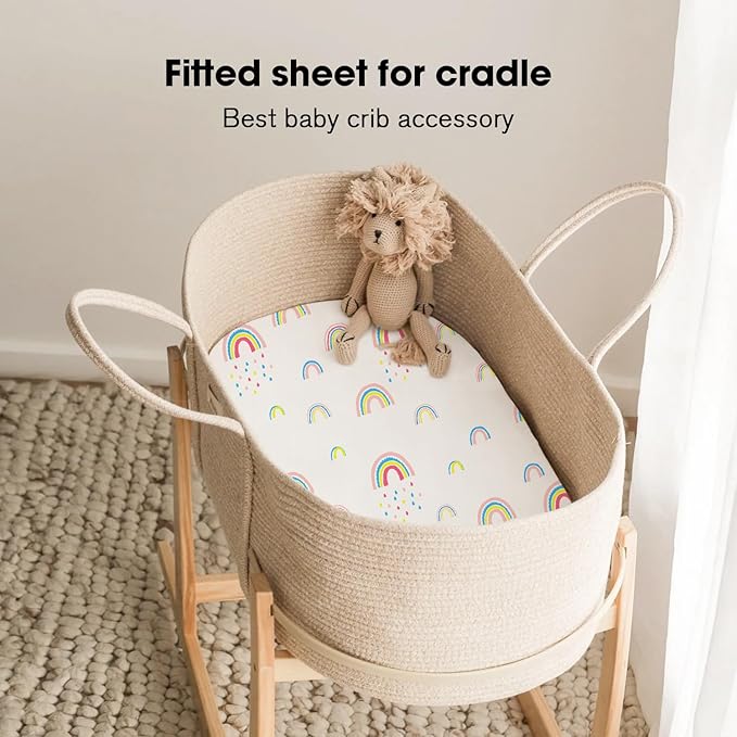 Little Grape Land Bassinet Sheets for Baby Boys Girls 4 Pack, 33" x 18" Extra Soft Breathable Fitted Bassinet Sheets, Bedside Sheets Fit for Oval Rectangle and Hourglass Bassinet Mattress (Rainbow)