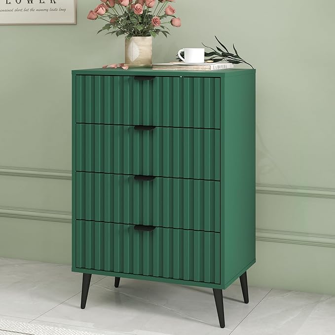 Fluted Dresser for Bedroom with 4 Drawers, 24'' Wide Modern Dresser with Metal Handle, Wood Dressers Organizer with Blister Drawers for Bedroom, Green