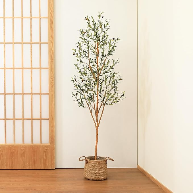 Kazeila Artificial Olive Tree 7FT Tall Faux Silk Plant for Home Office Decor Indoor Fake Potted Tree with Natural Wood Trunk and Lifelike Fruits, 2 Pack