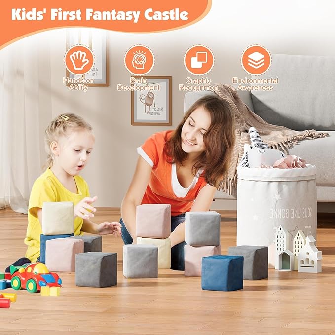 12 PCS Modular Kids Play Block Couch Child Sectional Soft Sofa Toddler Building Fortplay Climbing Bedroom Playroom Baby Convertible Floor Foam Cushion for Boys & Girls (12pcs+Square)