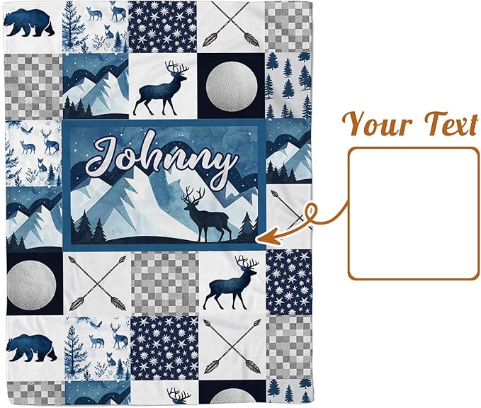 Personalized Baby Blankets for Girls Boys, Custom Blue Deer Baby Blanket with Name for Kids, Flannel Bed Throw Blanket for Newborn, Customized Gifts for Baby Shower Nursery Blanket(47" x60)