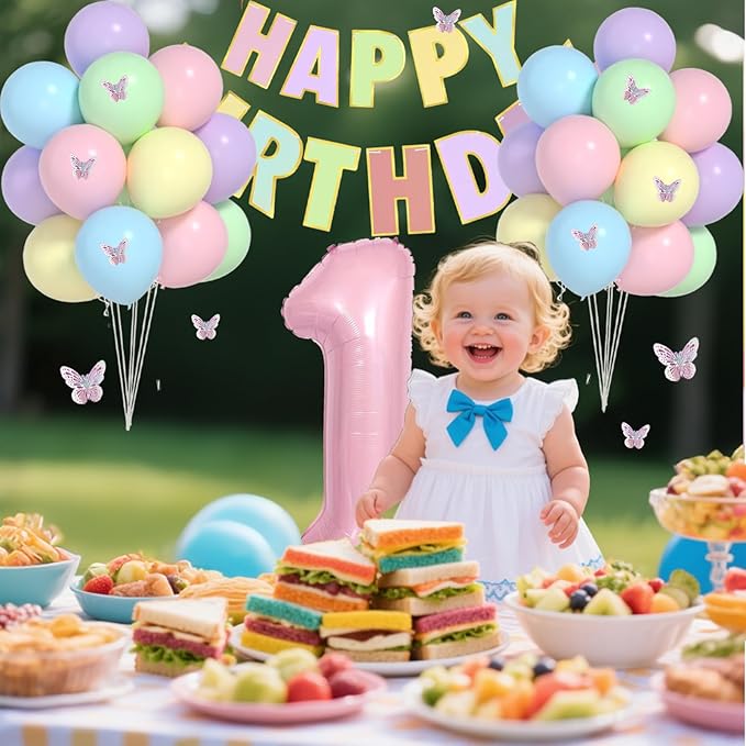 Pastel First Birthday Decorations -12 inch Pastel Balloons, 40 Inch Pink 1 Balloons, 3D Butterflies Stickers, Happy Birthday Banner For Baby Girl 1st BD Party Decorations