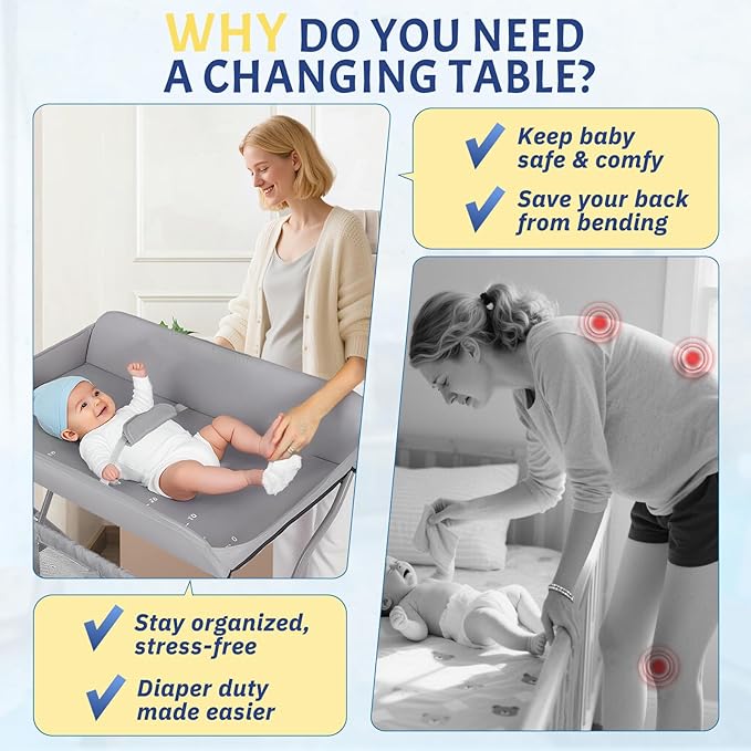 Portable Diaper Changing Table with Wheels for Baby, Mobile Folding Changing Station with 5-Level Adjustable Height and Large Storage Rack & Shelf