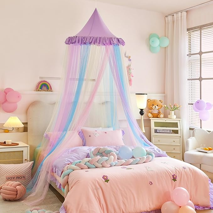 Kertnic Rainbow Bed Canopy for Girls Dreamy Mosquito Net for Bed Round Dome Princess Bed Canopy Girl Room Play Tent Kids Canopy Bed Netting Curtains (Single Layer- Purple)