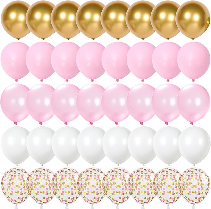 Pink and Gold Balloons, 12 Inch Light Baby Pink White and Gold Confetti Balloons for Girls Princess Birthday Baby Shower Bridal Shower Wedding Graduation Party Decoration