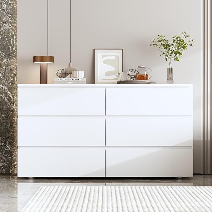 FAMAPY Chest of Drawers Dresser No Handles, 6 Drawer Dresser with Wide Storage, Modern 6-Drawer Chest, for Bedroom White 59”W x 15.7”D x 32.3”H
