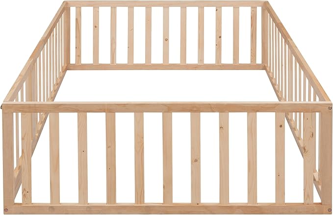 Merax Full Floor Bed with Safety Guardrails and Door, Wood Montessori Floor Bed Frame for Kids, Full Playhouse Bed Frame for Baby Girls and Boys, Natural