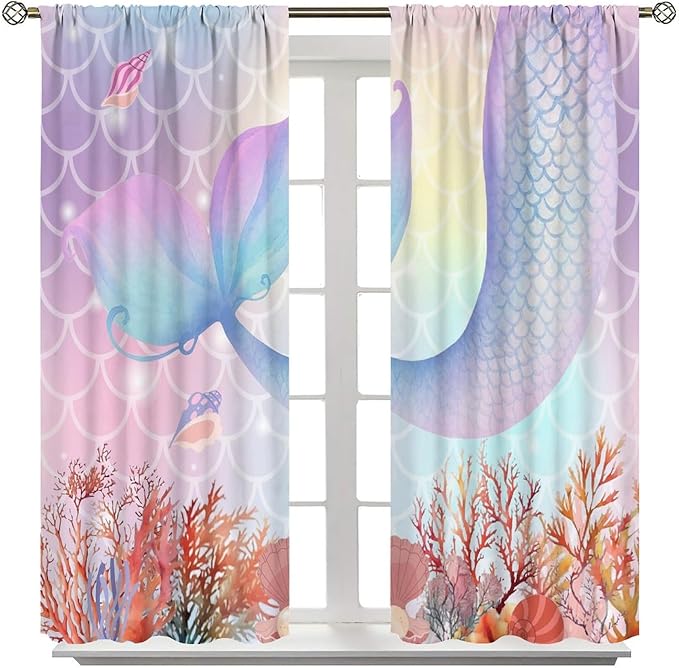 Dream Mermaid Curtains Colorful Mermaid Fish Tail Scale Fantasy Ocean Theme Beautiful Kids Window Treatment for Girls Bedroom Nursery Room Decor Rod Pocket Window Drapes 42x54in