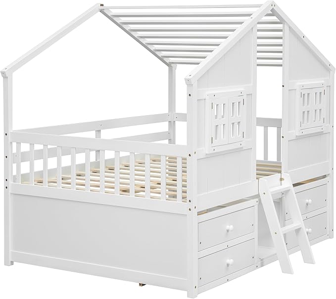 Harper & Bright Designs Full Size House Loft Bed with 4 Storage Drawers, Low House Montessori Bed with Roof and Windows, Safety Guardrails for Kids, Girls, Boys, White