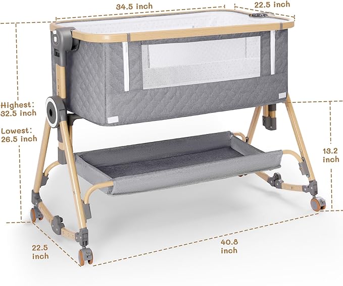 Baby Bassinets Bedside Sleeper 5 in 1,Bedside Bassinet for Baby with Mattress,Diaper Table, Storage Layer,Mosquito Net,7-level adjustable height , one-touch folding for travel with infants (Gray)