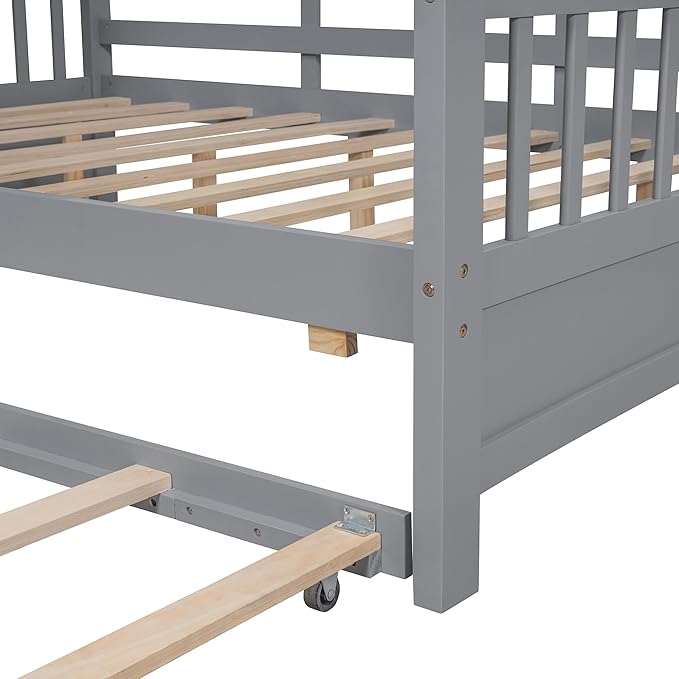 Full Size House Bed with Roof and Window for Kids, Wooden Playhouse Bed with Storage Shelves and Trundle for Bedroom Furniture Girls & Boys (Grey/T2)
