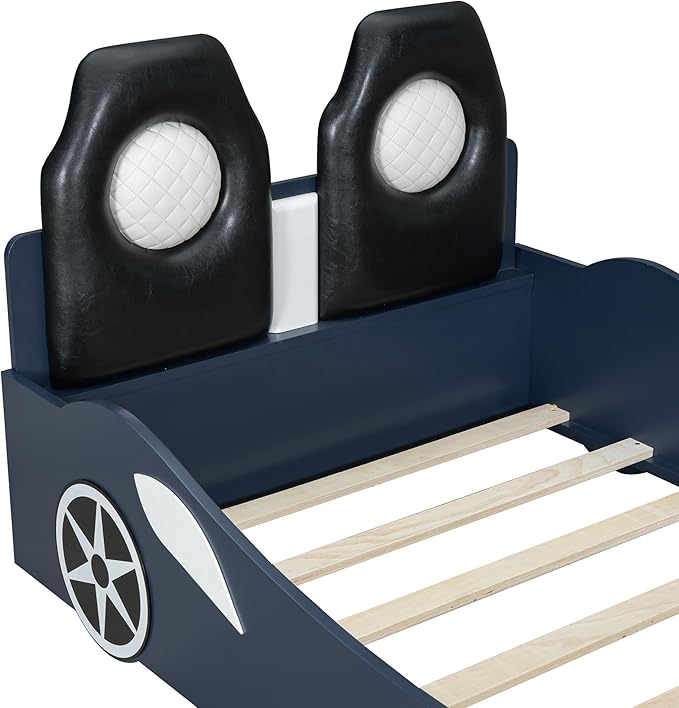 Bellemave Wood Twin Size Race Car-Shaped Platform Bed with LED and Upholstered Backrest, Kid's Platform Bed Frame with Race Car-Shaped and Safety Guardrails for Kids, Boys, Girls.(Blue)