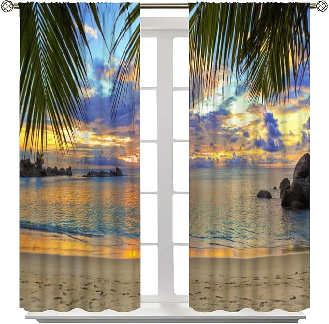 Ocean Beach Curtains,Sunset on Beach in The Evening Hawaiian Seaside Scene Pattern Blackout Print Home Bedroom Living Room Window Treatments 2 Panel Set 55x63 Inch