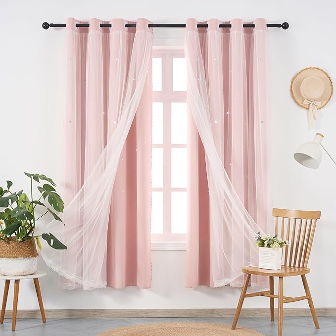 Light Pink Curtains Short Blackout for Girls Bedroom - Aesthetic Star Cutout Double Layer with White Sheer Overlay, 45 Inch Length 2 Panels Cute Curtain Baby Nursery Room Decor Drapes