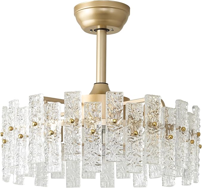 20" Gold Fandelier Ceiling Fan with Lights, Gold Crystal Chandelier Ceiling Fans with Light Remote Control, Modern Caged 6-Speed for Bedroom, Living Room, Nursery