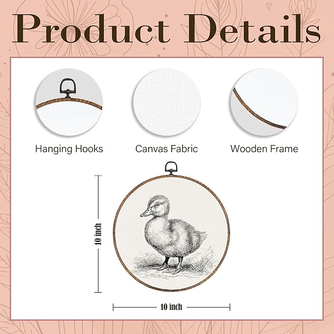 Vintage Duck Round Wall Art Framed, Cottagecore Duck Round Wall Decor, Retro Animal Farmhouse Hanging Canvas Prints Wall Sculptures for Home Living Room Nursery Decor, 10x10 Inch