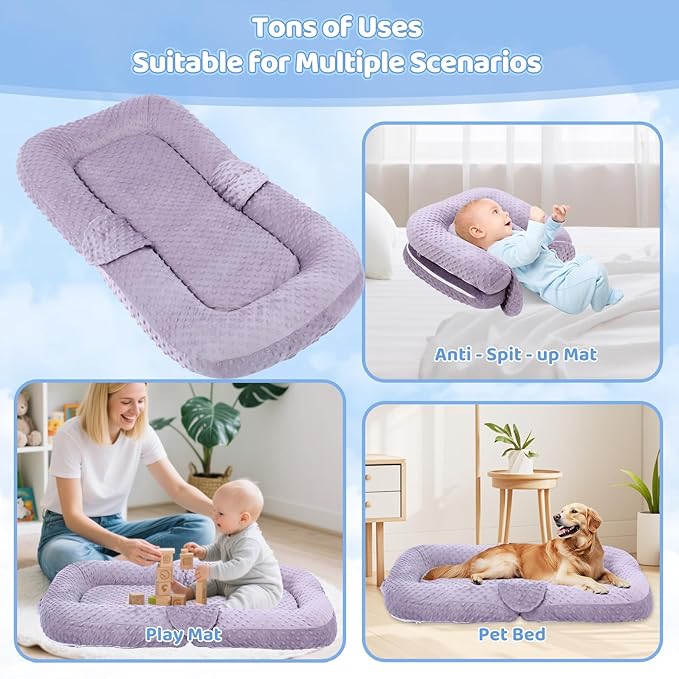 Baby Lounger Pillow- Portable Baby Lounger for Newborn, 0-24 Months,3-in-1 Baby Nest for Home and Travel, Foldable & Soft, CPC Certification Newborn Babies Essentials Gifts, Purple