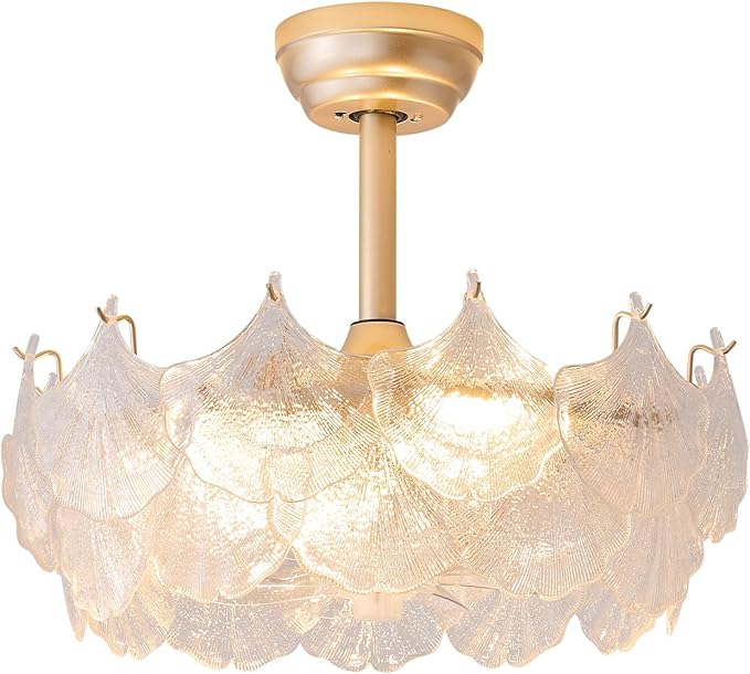Shell Ceiling Fan with Light 20 Inch Gold Fandelier Modern Crystal Chandelier with Fan Semi Flush Mount Remote Control 6 Speeds for Girls Bedroom,Living Room