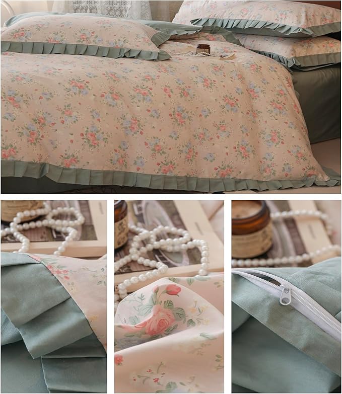 Green Ruffle Duvet Cover Twin Girls Cute Flower Bedding Set Twin 100% Cotton Romantic Lace Comforter Cover for Teen Girls Vintage Floral Botanical Duvet Cover Aesthetic Princess Lace Bedding Set