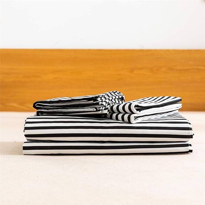 JELLYMONI 100% Natural Cotton 2pcs Striped Duvet Cover Sets,White Duvet Cover with Black Stripes Pattern Printed Comforter Cover,with Zipper Closure & Corner Ties(Twin Size)