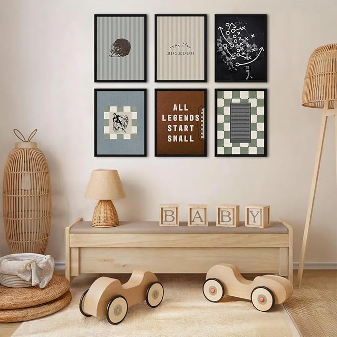 Vintage Football Nursery Wall Art Boys Room Sports Canvas Wall Decor Vintage Football Pictures Prints Boy Sports Posters Nursery Artwork Painting for Kids Toddler Bedroom 12x16 Inch Framed Set of 6