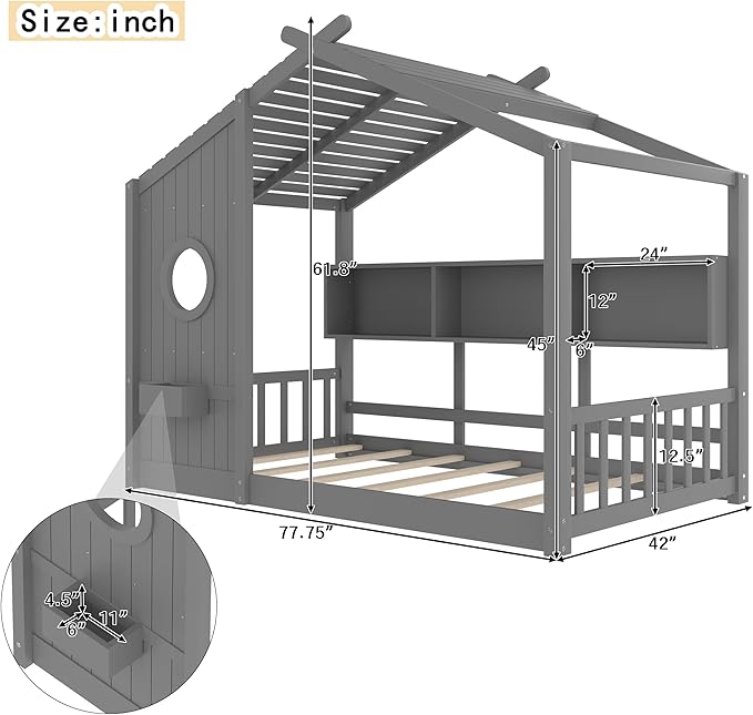 Merax Wood Floor House Bed with Storage Shelves, Twin Size Low Day Bed with Headboard & Wood Slat Support, No Box Spring Needed, Gray
