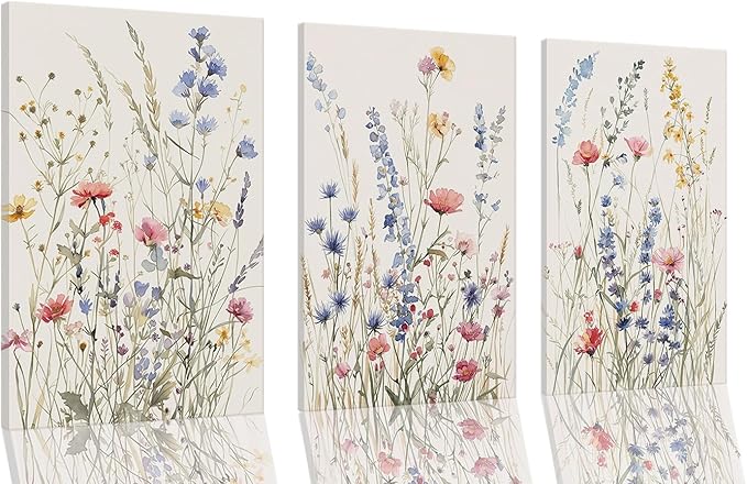 MTFBWY 3 Piece Framed Watercolor Wildflower Wall Art, Colorful Floral Canvas Art Prints Botanical Wall Decor, Modern Flower Minimalism Rustic Wall Paintings Pictures for Living Room Girls Bedroom Bathroom 16"x24"x3