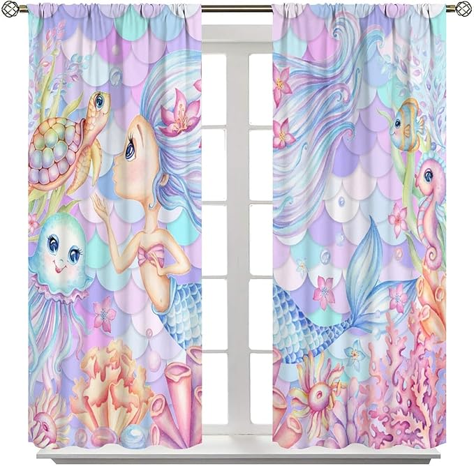 Fantasy Mermaid Curtain Dream Cartoon Marine Organisms Turtle Coral Ocean Theme Dream Blackout Window Treatment for Kids Girls Bedroom Nursery Room Decor Rod Pocket Window Drapes 84x84in
