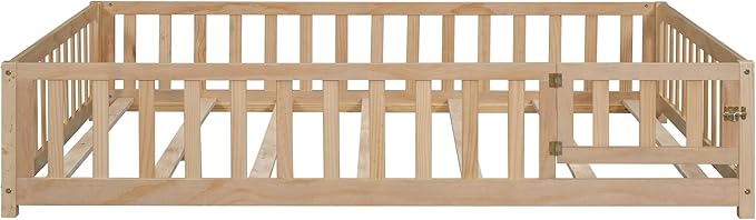 Full Size Floor Platform Bed with Fence and Lockable Door, Wood Montessori Bed Frame with Slat Support for Kids,Girls,Boys, Easy to Assemble,Natural