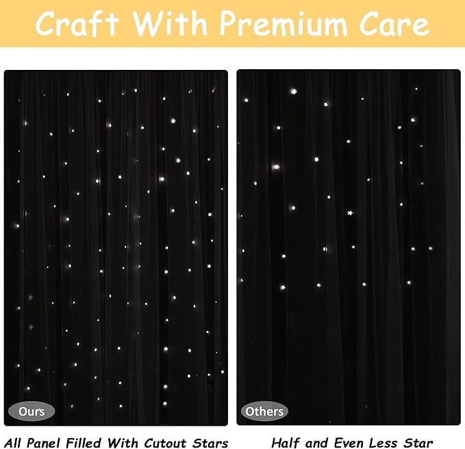 Kinryb Kids Blackout Curtains for Bedroom/Living Room/Classroom, Sheer Overlay Extra Long 2 Panel Set, Double Layer Curtains with Star Cutout for Kids Room(W 52 x L 108 Inches,Yellow 2 Pcs)