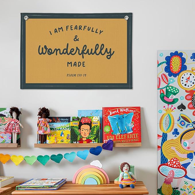 Kids Room Decor - Bible Verse Wall Hanging, 'I am Fearfully and Wonderfully Made' Linen Banner, Canvas Decoration for Classroom, Nursery - Retro