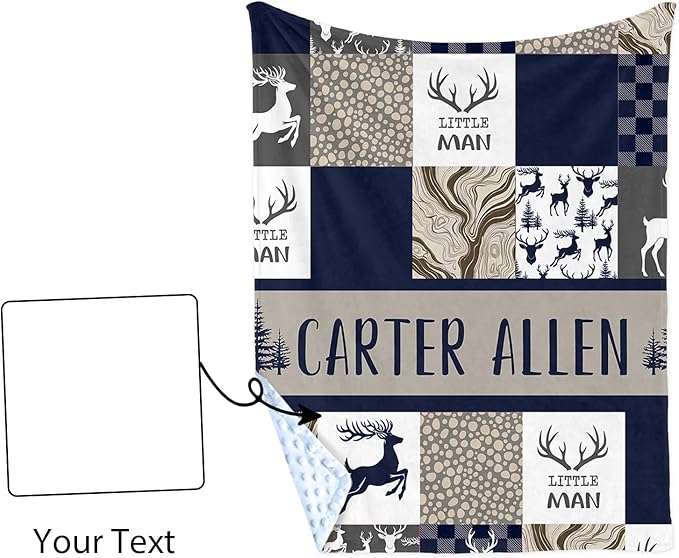 Personalized Baby Blanket with Name – Woodland Antlers Theme Navy Soft Receiving Blanket for Newborn Boys Girls, Custom, Cozy Nursery Decor for Toddlers
