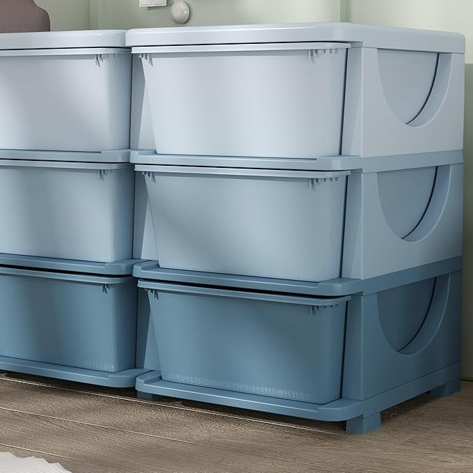 Qaba 3 Tier Kids Storage Unit, 9 Drawer Chest Toy Organizer Plastic Bins for Kids Bedroom Nursery Kindergarten Living Room for Boys Girls Toddlers, Blue
